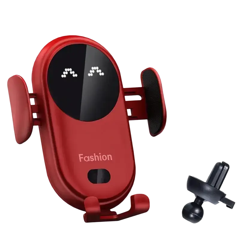 Red wireless charger with sleek oval design and black display showing smiling faces for fast charging car wireless charger