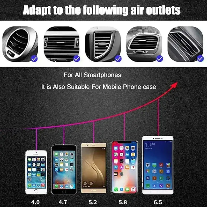Universal car air vent phone holder with adjustable fit for various smartphones in black for fast charging wireless charger use