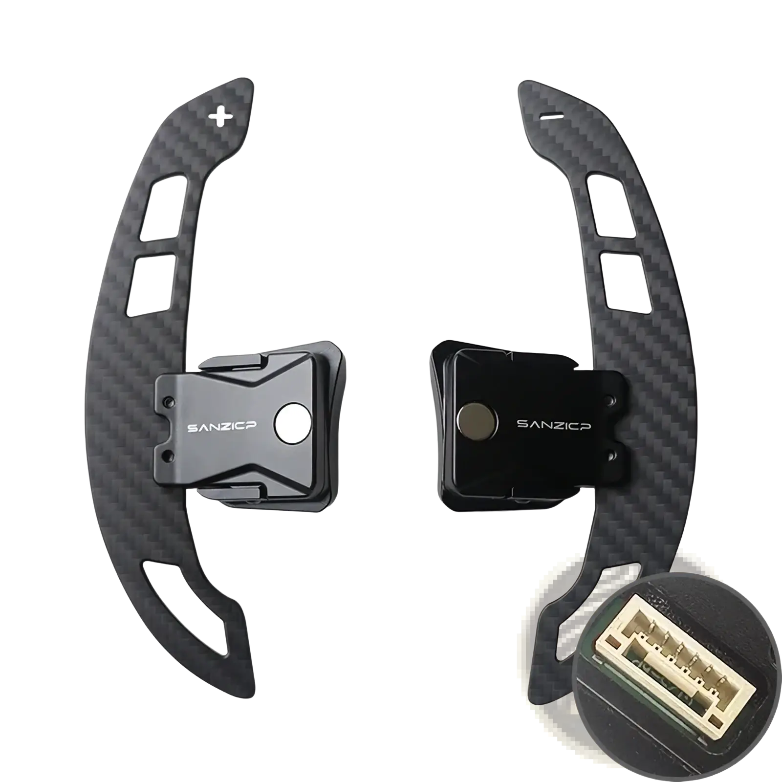 Black carbon fiber Audi R8 magnetic shift paddles with USB port integrated at the base for performance steering control