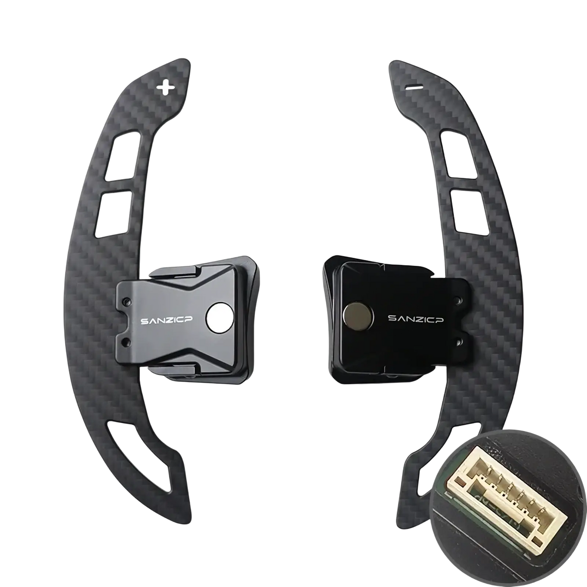 Black carbon fiber Audi R8 magnetic shift paddles with USB port integrated at the base for performance steering control