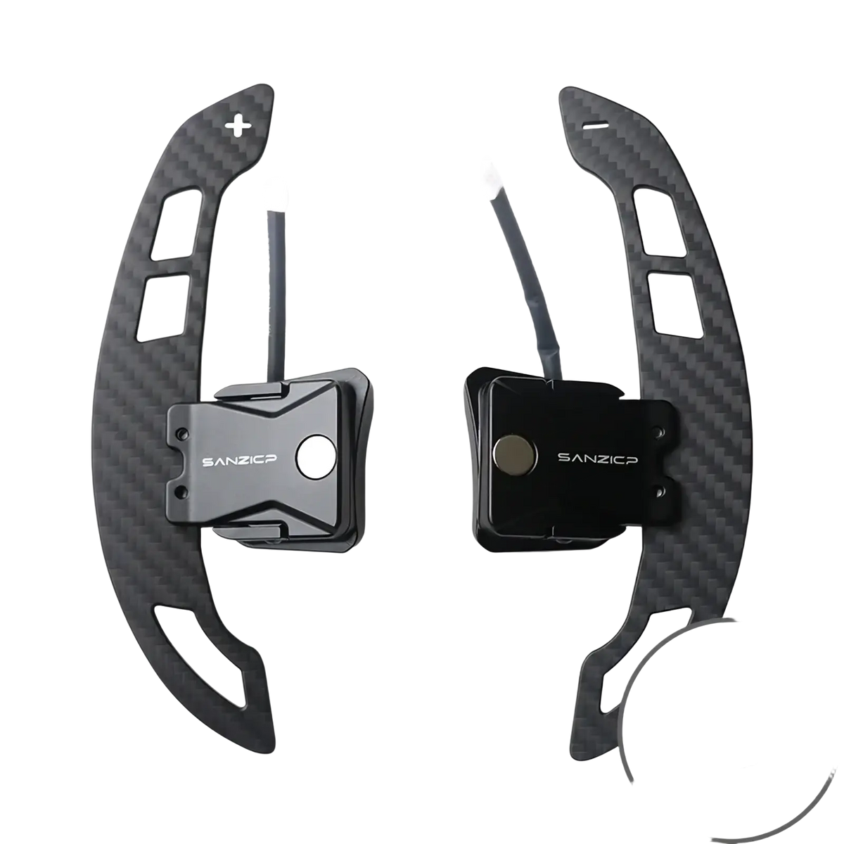 Black carbon fiber Audi R8 magnetic racing paddle shifters with textured finish and branded sanzicp central housing
