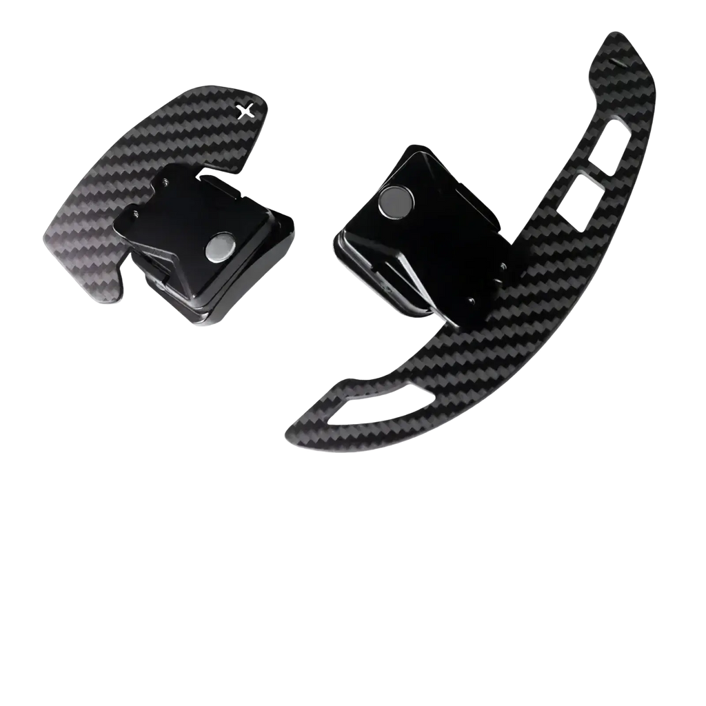 Black carbon fiber textured magnetic shift paddles for audi r8 with sleek modern design and premium build quality