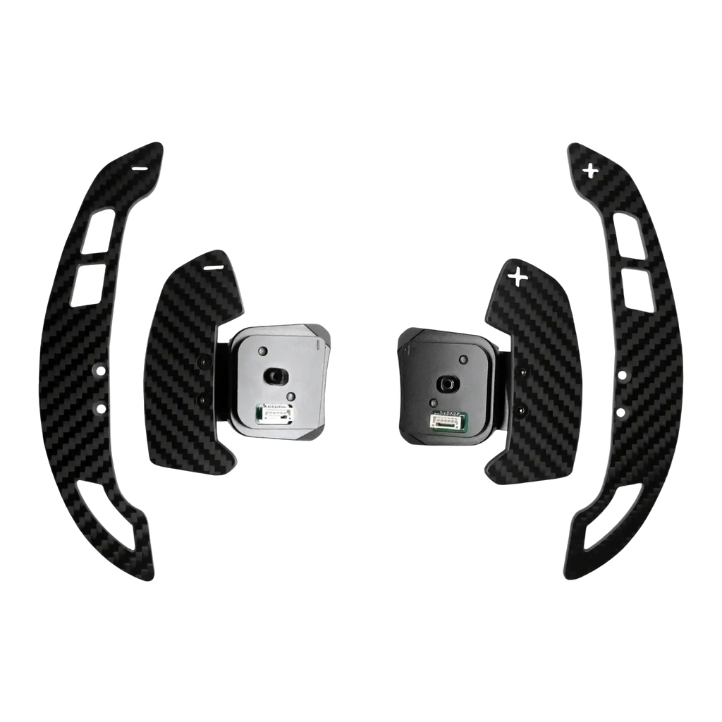 Black carbon fiber audi r8 magnetic shift paddles with silver metallic mounting brackets shown from the back side