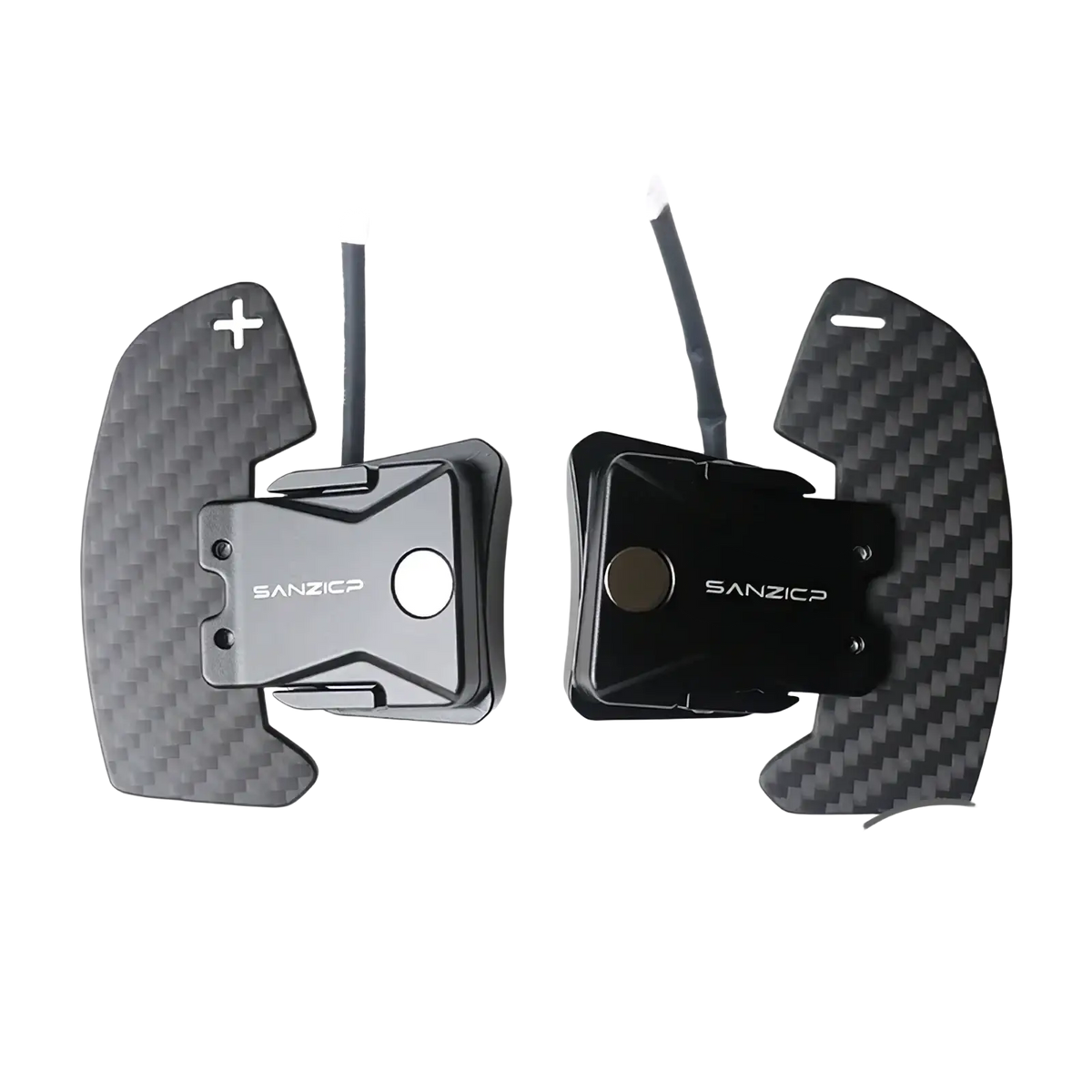 Black carbon fiber Audi R8 magnetic shift paddles with metallic silver and black accents featuring sanzicp branding