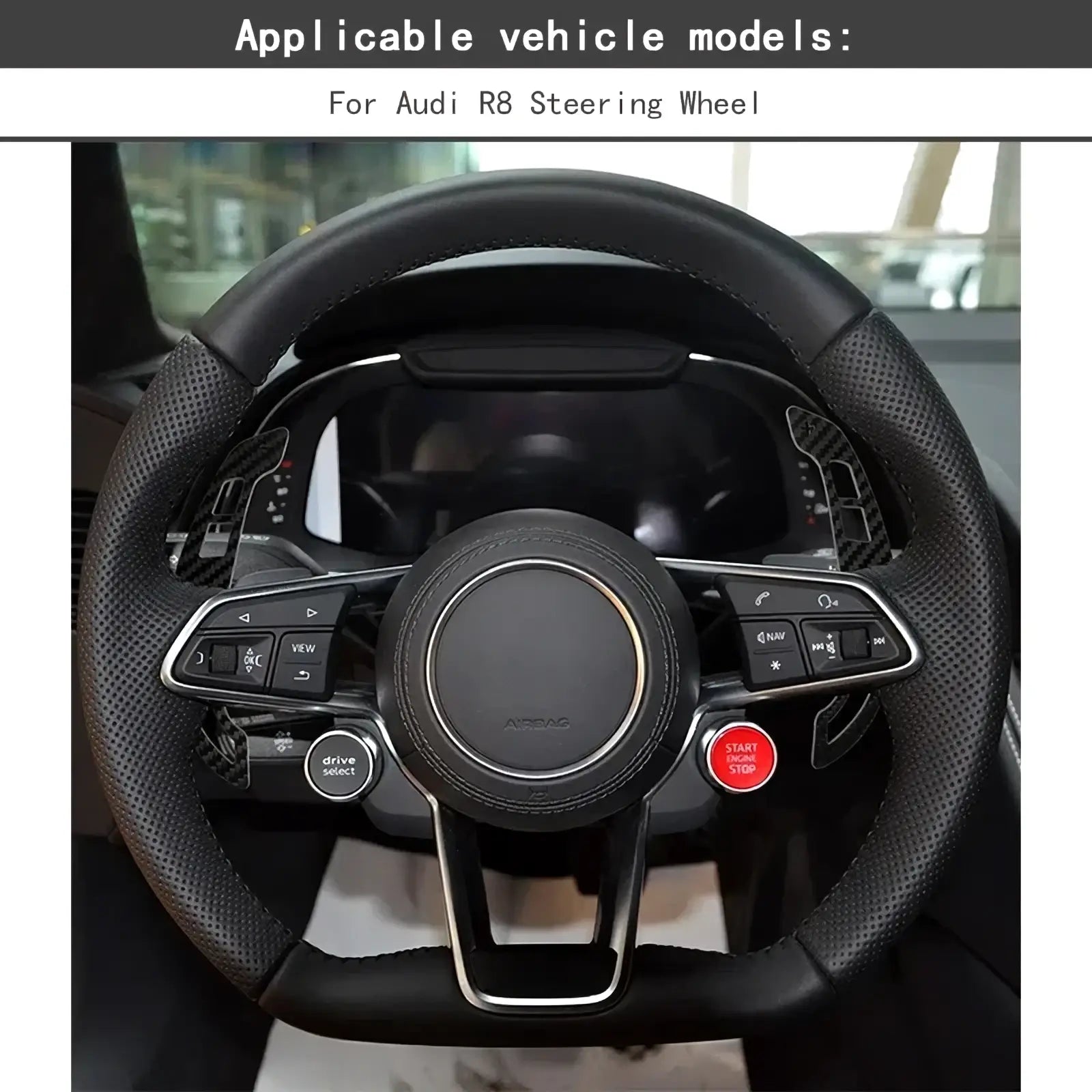 Black leather audi r8 steering wheel with carbon fiber accents and silver trim featuring magnetic shift paddles