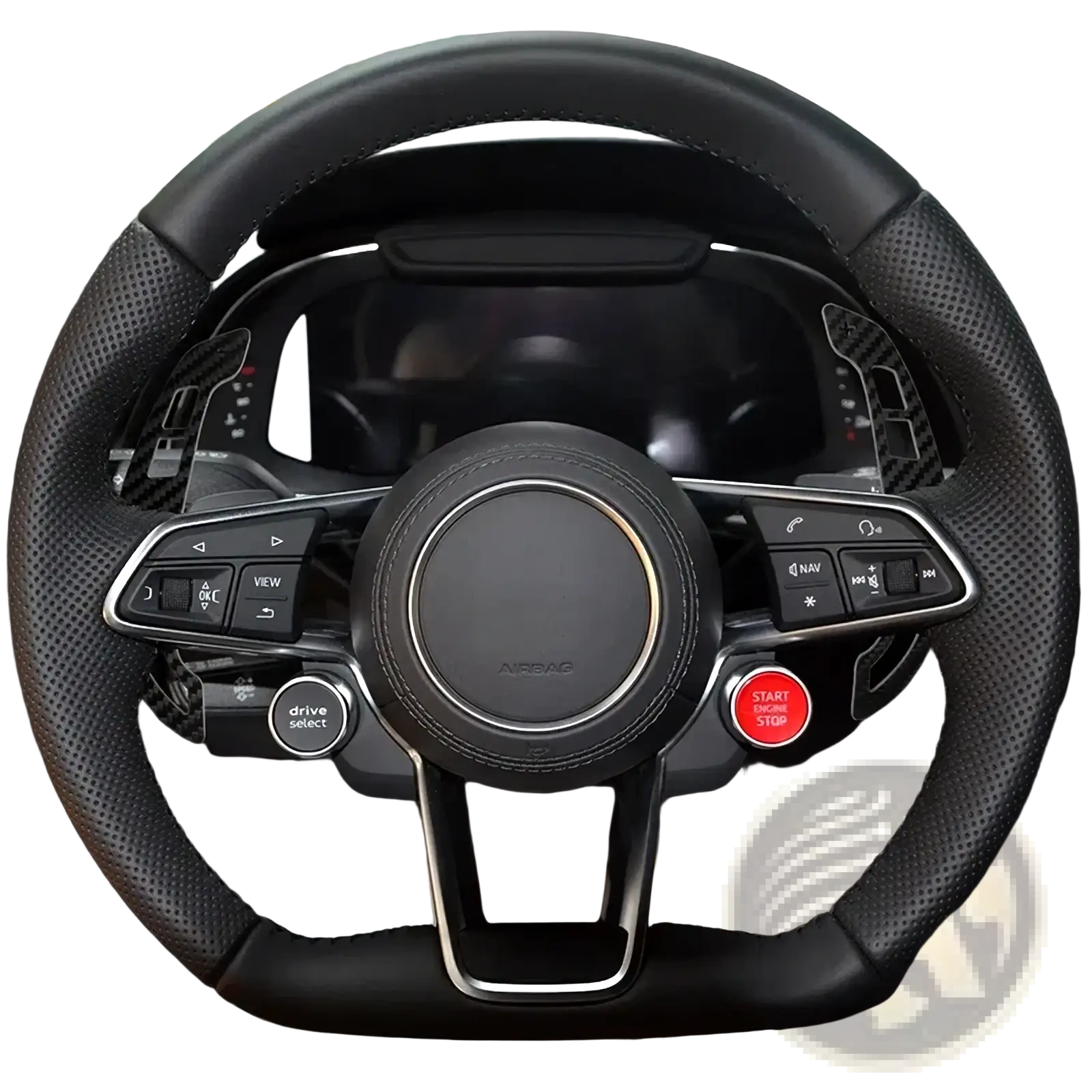Black perforated leather Audi R8 steering wheel with carbon fiber accents and silver trim featuring airbag emblem