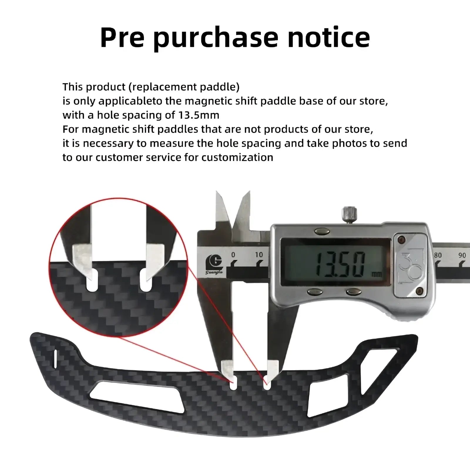 Black carbon fiber Audi R8 replacement magnetic shift paddle with 13.5mm hole spacing shown from the back side