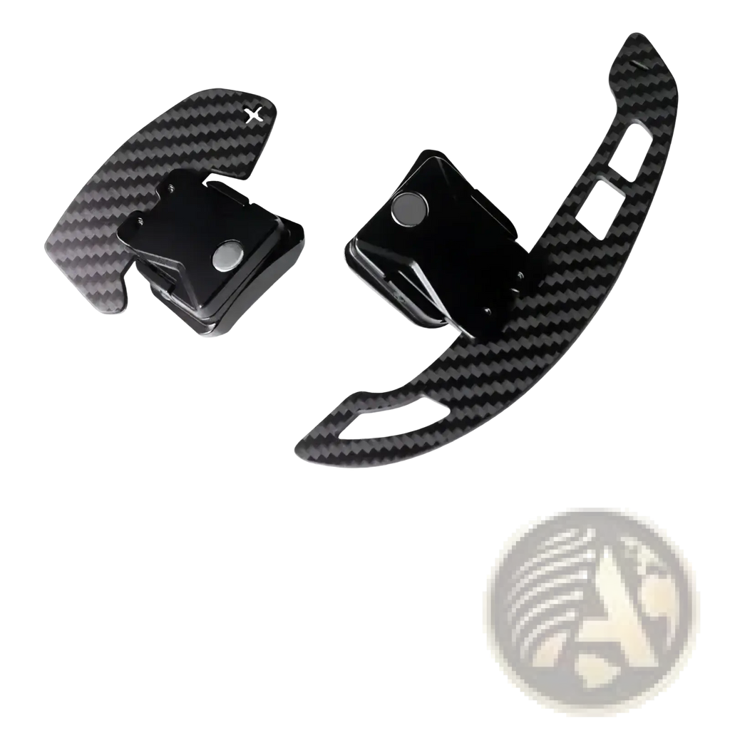 Black carbon fiber textured magnetic shift paddles for audi r8 with sleek modern design and premium build quality