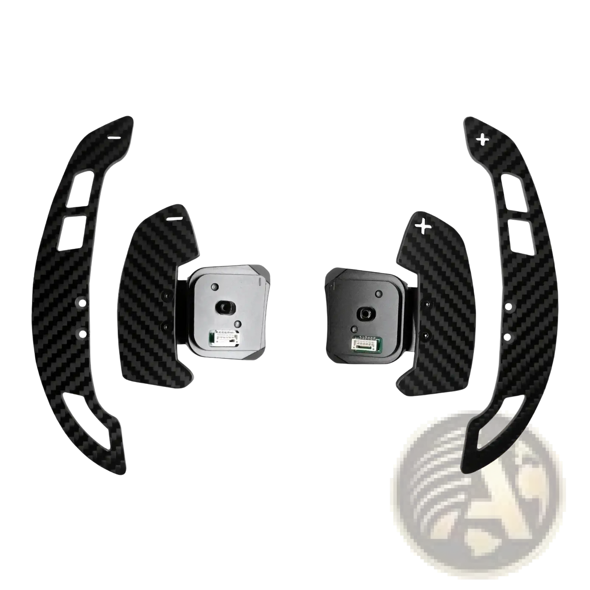 Black carbon fiber audi r8 magnetic shift paddles with silver metallic mounting brackets shown from the back side