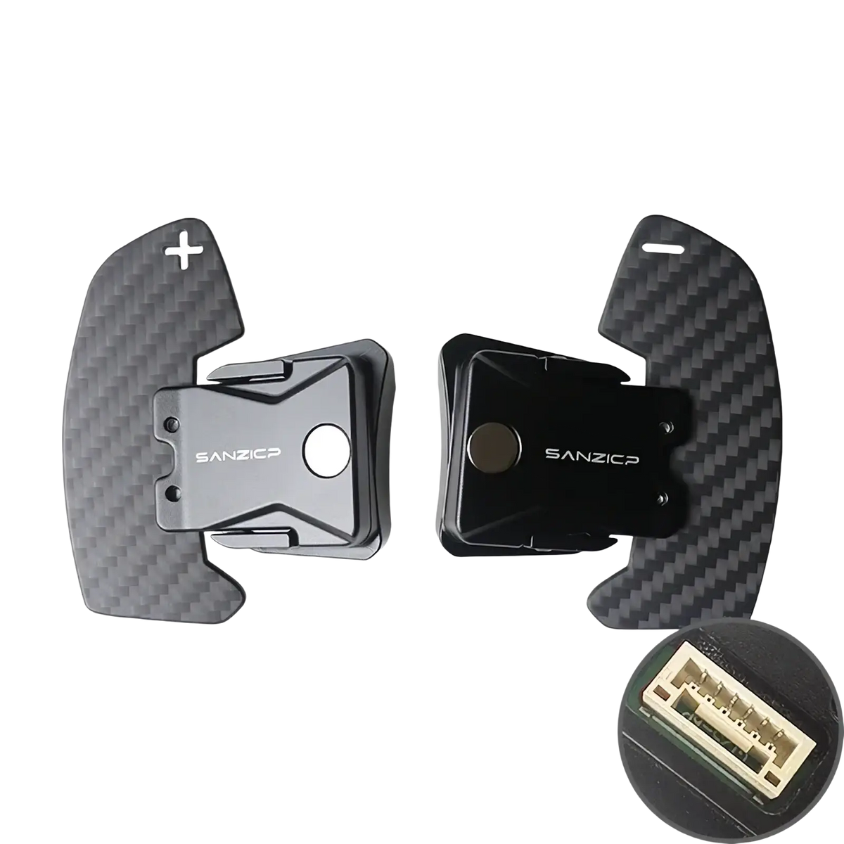 Carbon fiber audi r8 magnetic shift paddles with metallic silver and black finishes featuring sanzicp branding