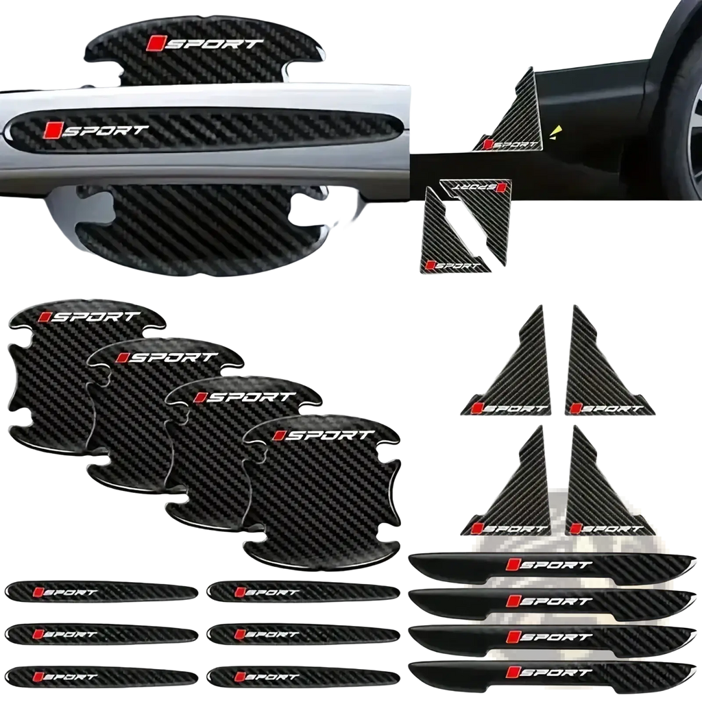 Black carbon fiber textured car door handle protectors with red and white sport branding for vehicle protection