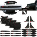 Black carbon fiber textured car door handle protectors with red and white sport branding for vehicle protection