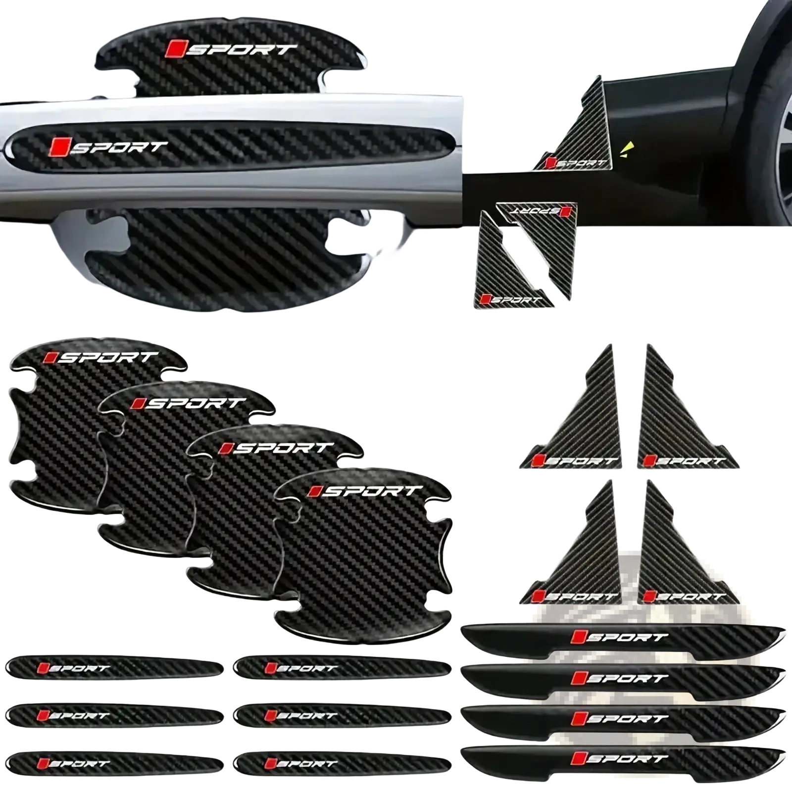 Black carbon fiber textured car door handle protectors with red and white sport branding for vehicle protection