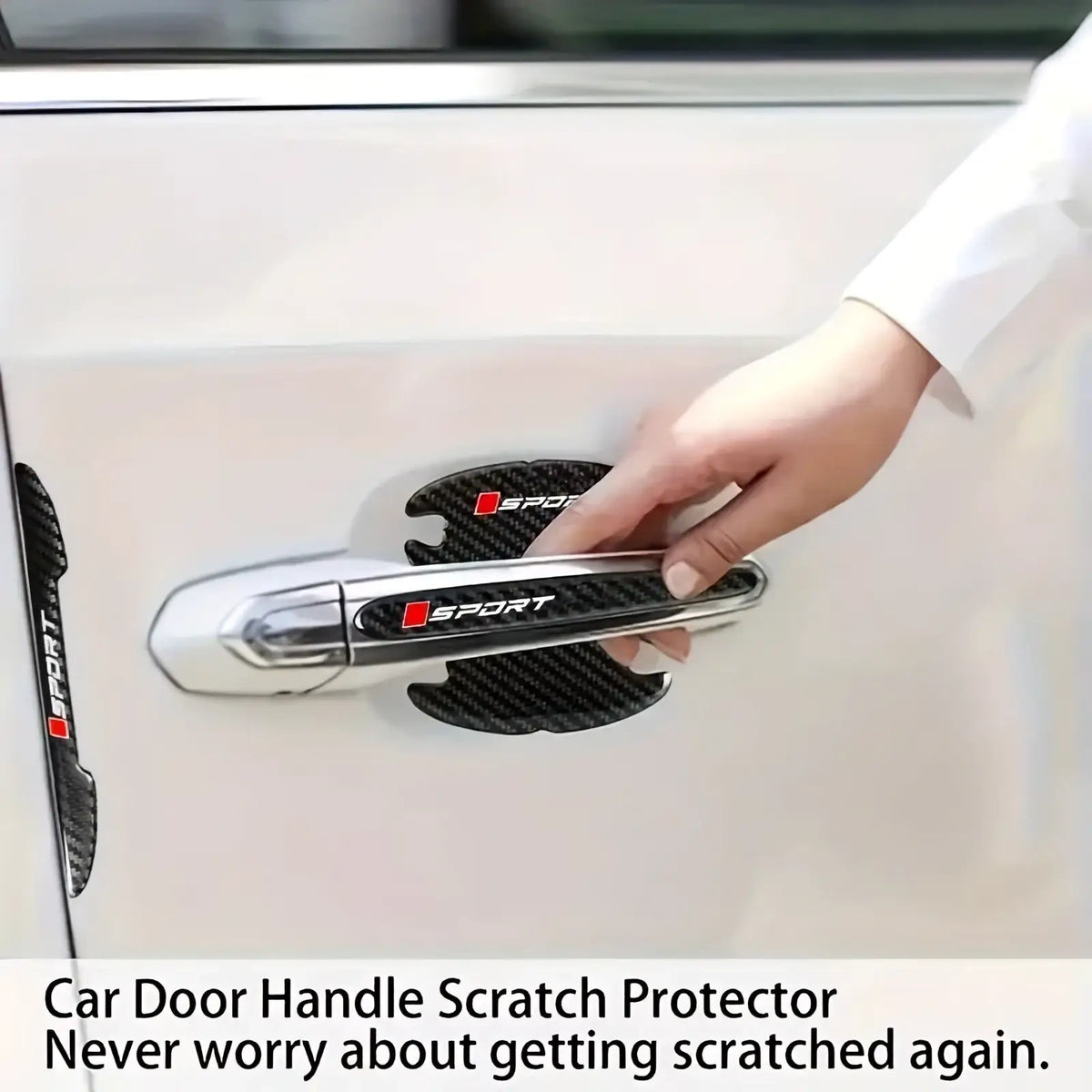Black carbon fiber textured car door handle scratch protector with red sport logo for automotive accessories
