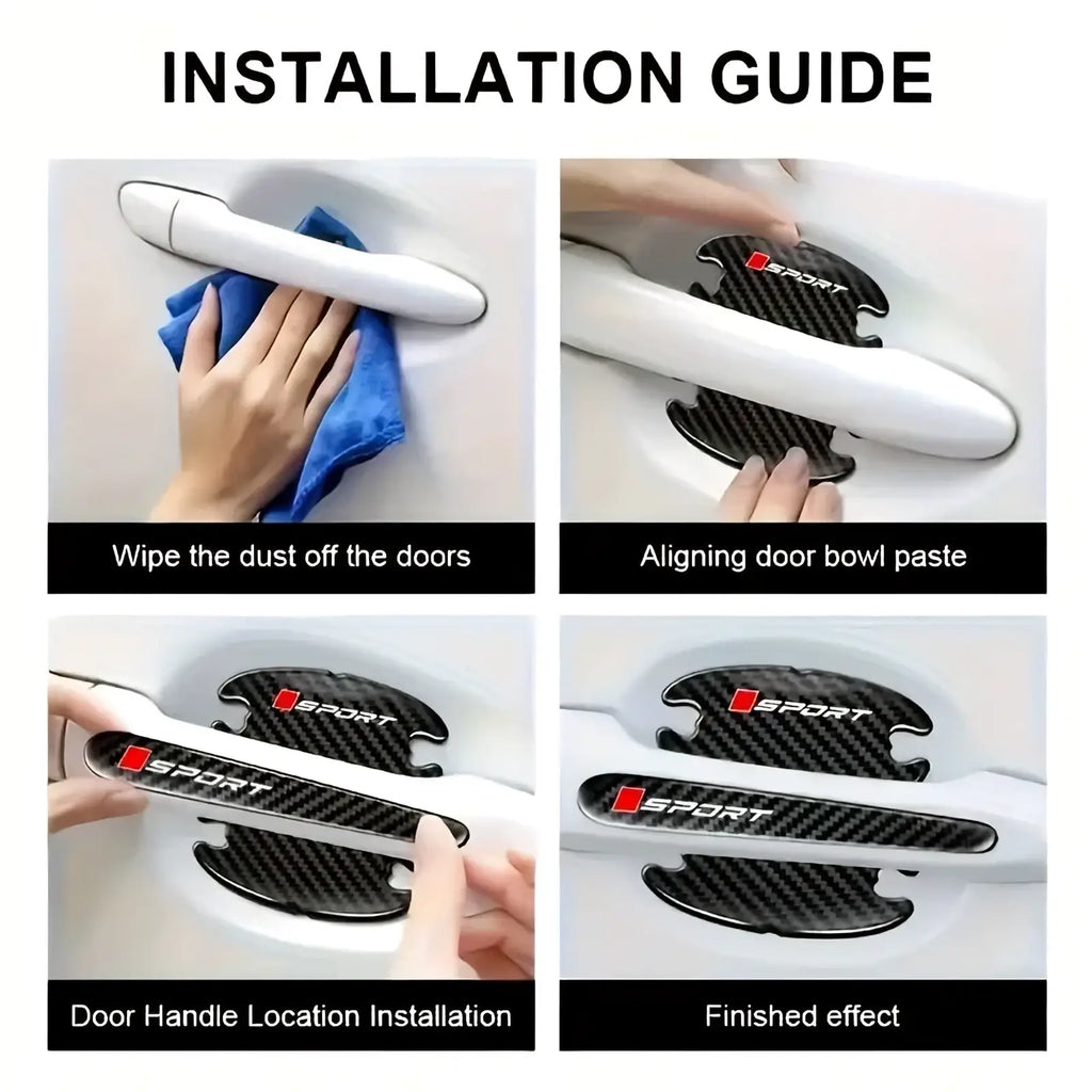Black carbon fiber textured car door handle protector with red and white sport logo for automotive accessories