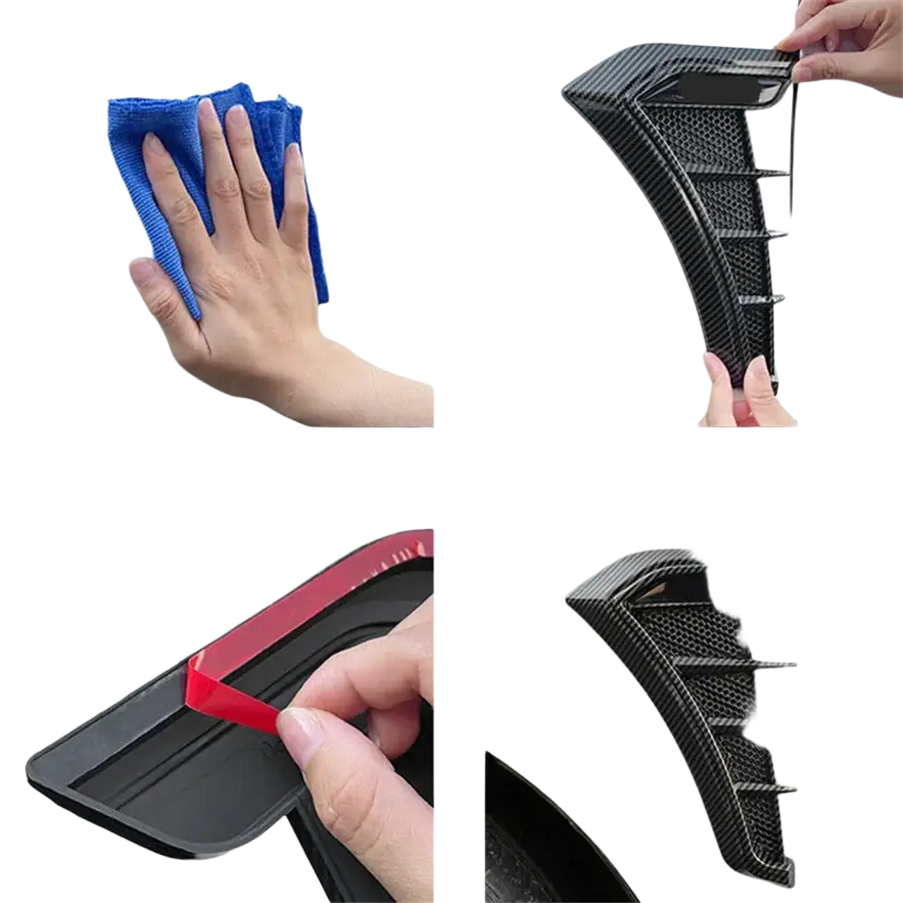 Black carbon fiber textured side skirt spoiler with sleek aerodynamic design for car fender side vent grille cover