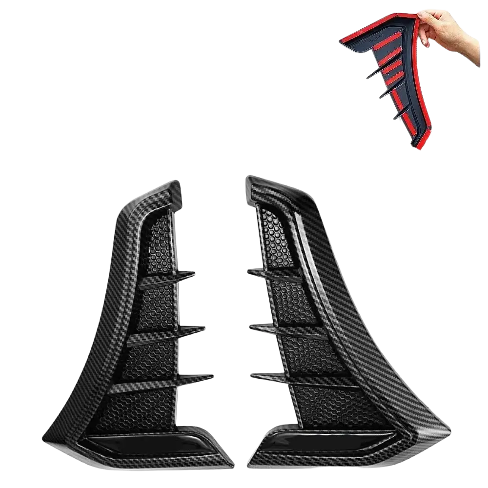 Black carbon fiber textured side skirt decals with red accent stripes for carbon fiber car fender side vent grille cover