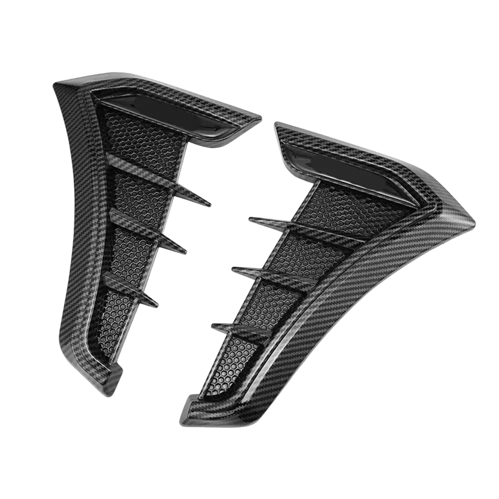 Black carbon fiber car fender side vent grille cover with glossy rear spoiler fins and honeycomb mesh design