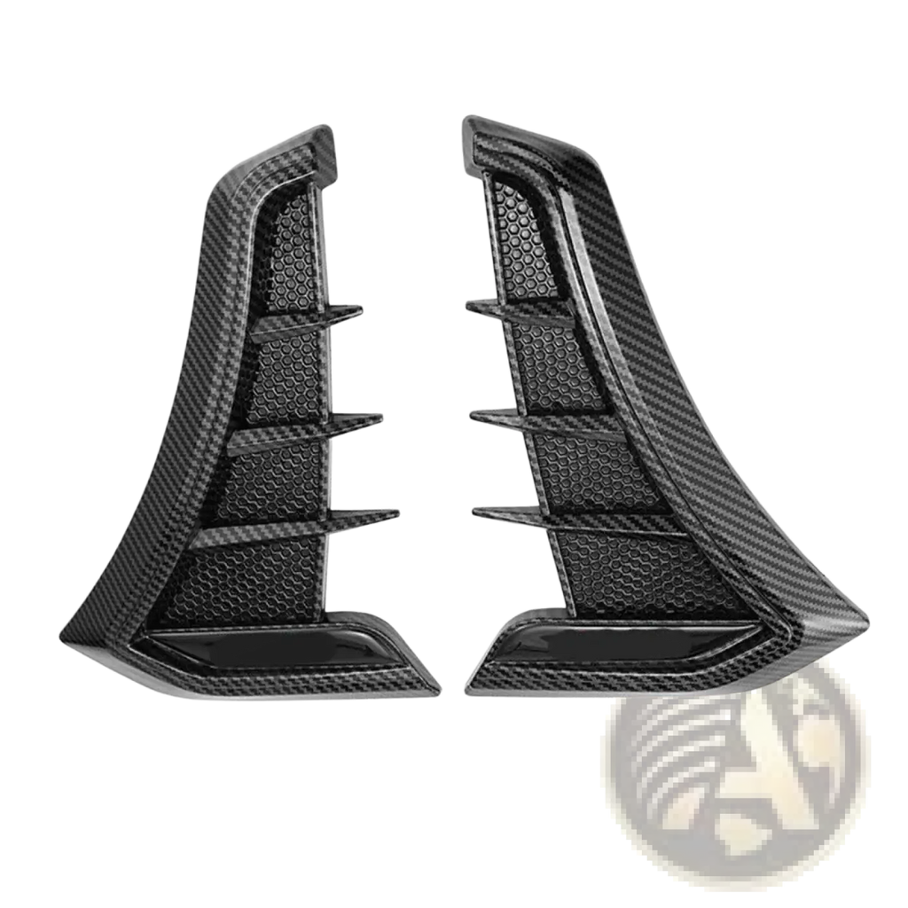 Carbon fiber car fender side vent grille cover featuring black honeycomb textured aerodynamic air intake vents
