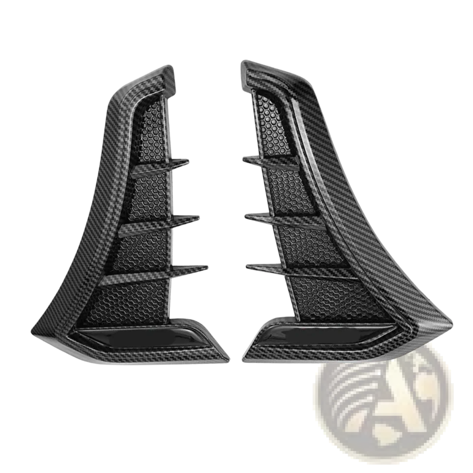 Carbon fiber car fender side vent grille cover featuring black honeycomb textured aerodynamic air intake vents