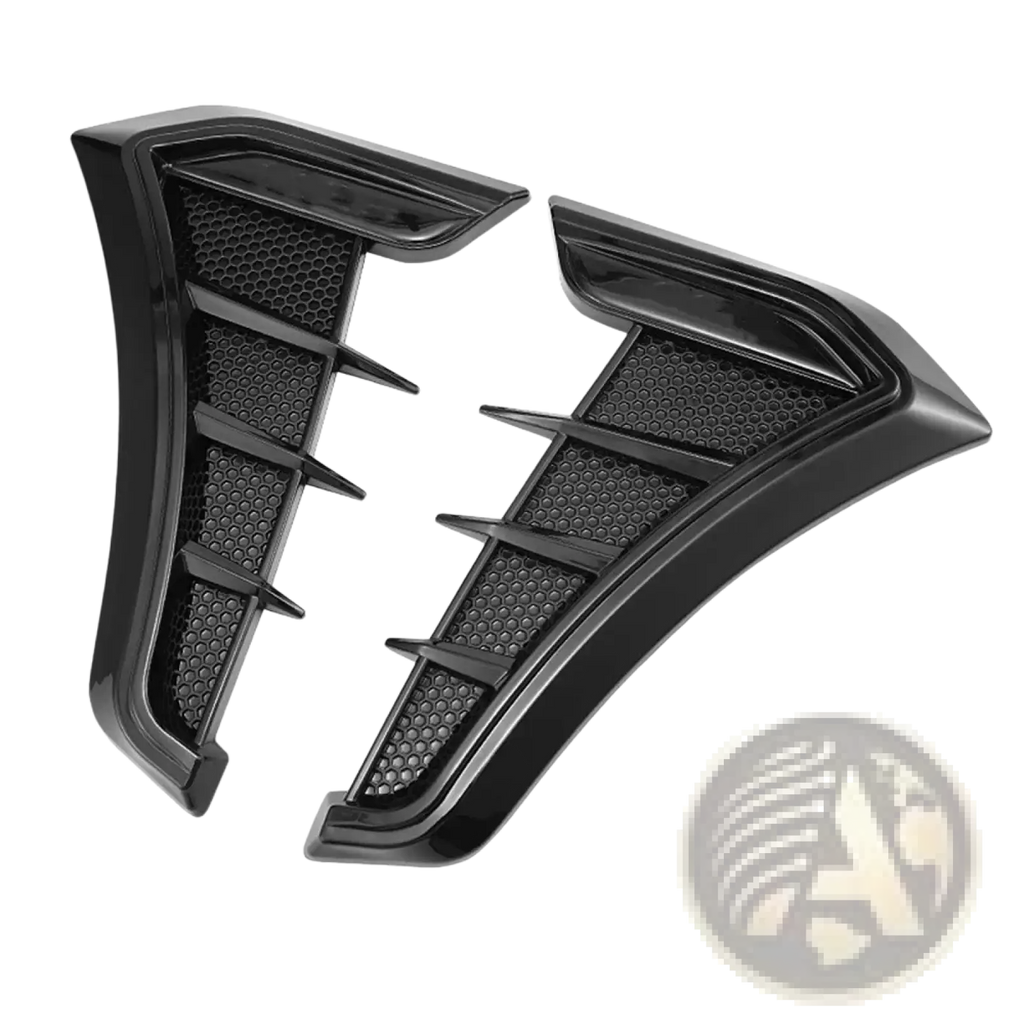 Carbon fiber car fender side vent grille cover with black glossy plastic honeycomb mesh air intake vents and angular edges