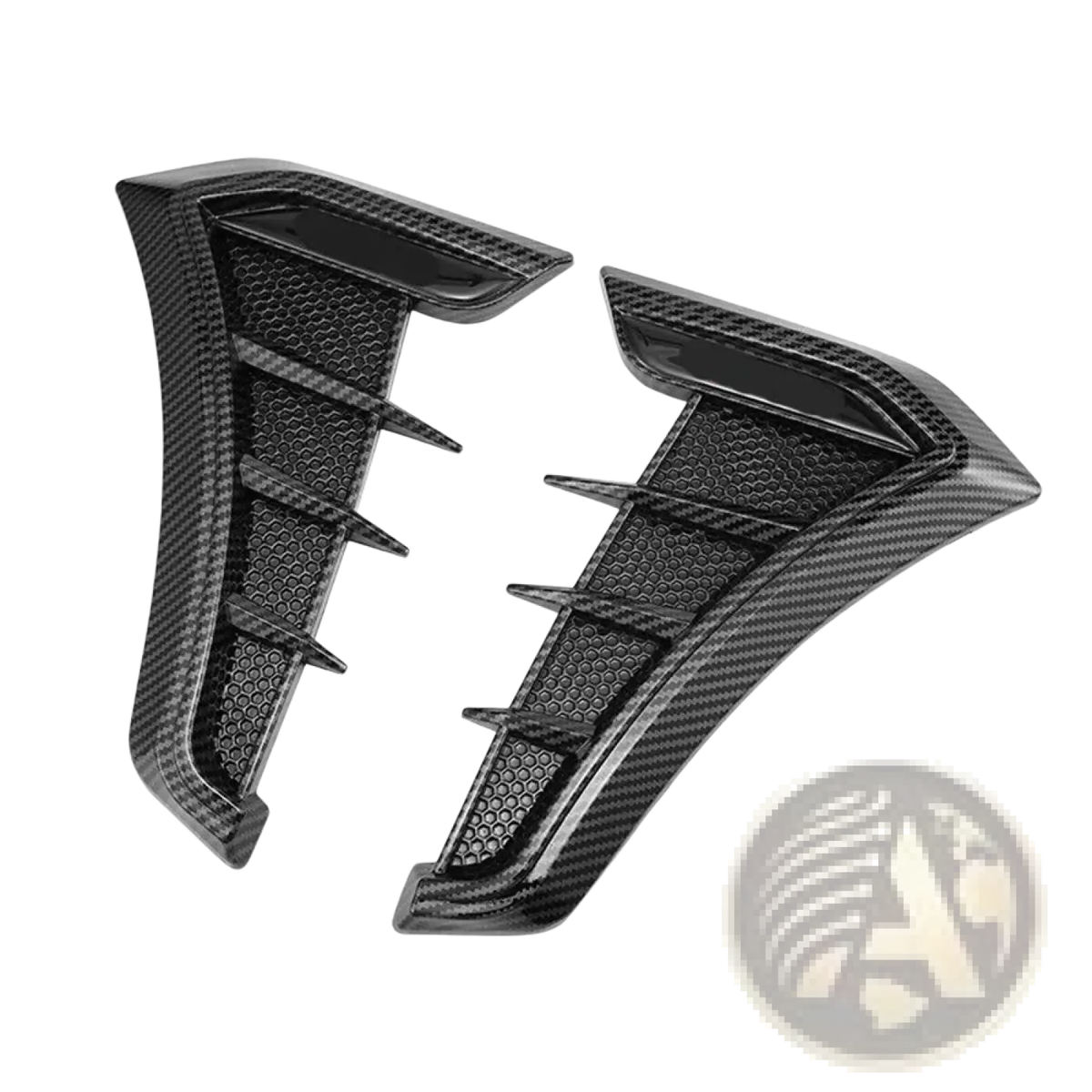 Black carbon fiber car fender side vent grille cover with glossy rear spoiler fins and honeycomb mesh design
