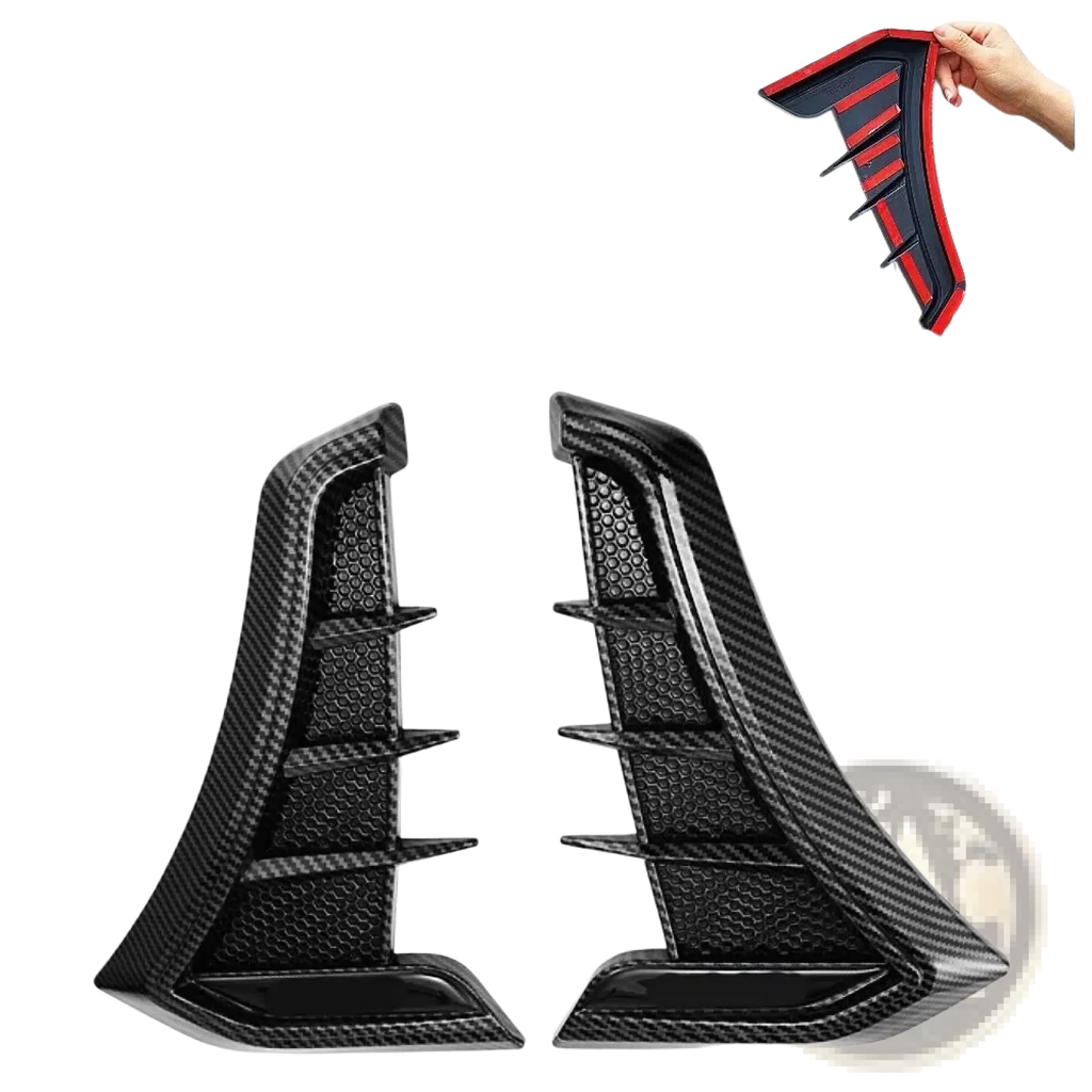 Black carbon fiber textured side skirt decals with red accent stripes for carbon fiber car fender side vent grille cover