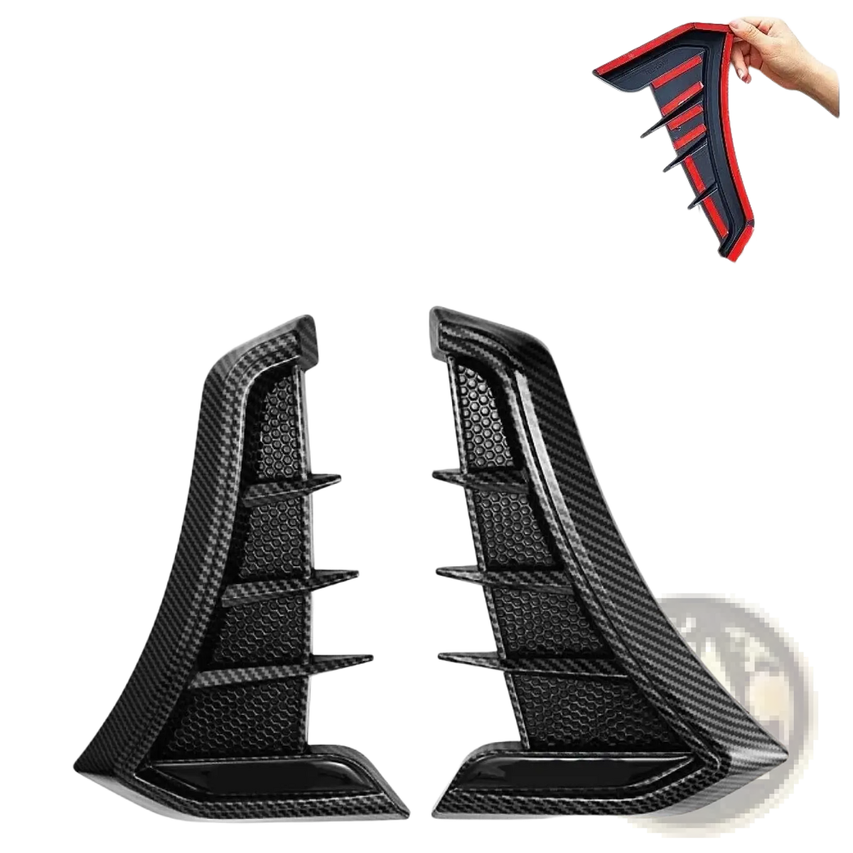 Black carbon fiber textured side skirt decals with red accent stripes for carbon fiber car fender side vent grille cover