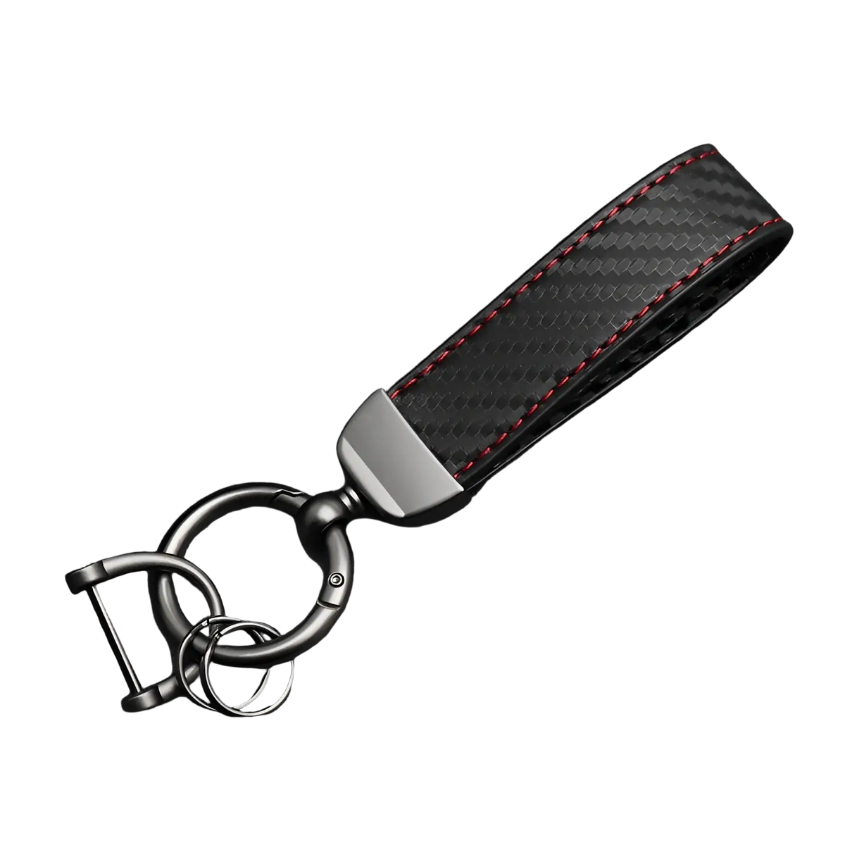 Black carbon fiber car keychain with red stitching and metallic clasp for secure key organization