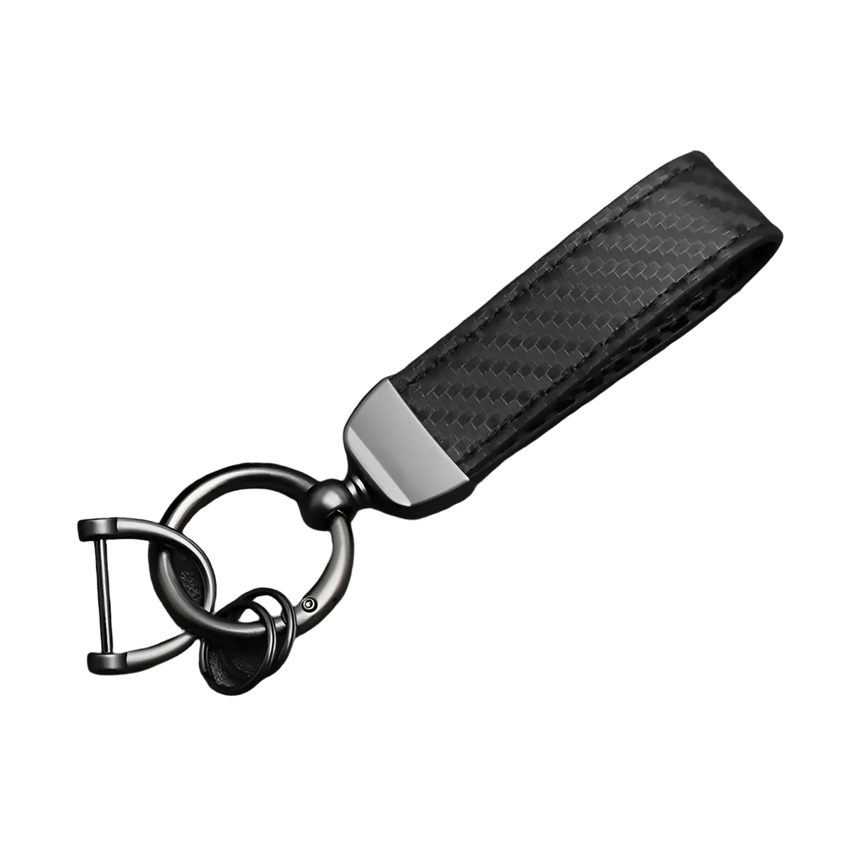 Black carbon fiber car keychain with red stitching and matte metal ring and clasp for vehicle keys