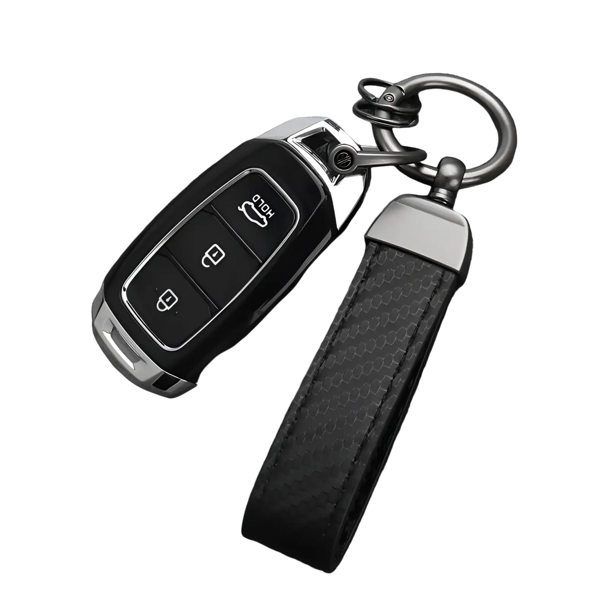 Carbon fiber car keychain with red stitching featuring a black carbon fiber key fob silver accents and leather strap