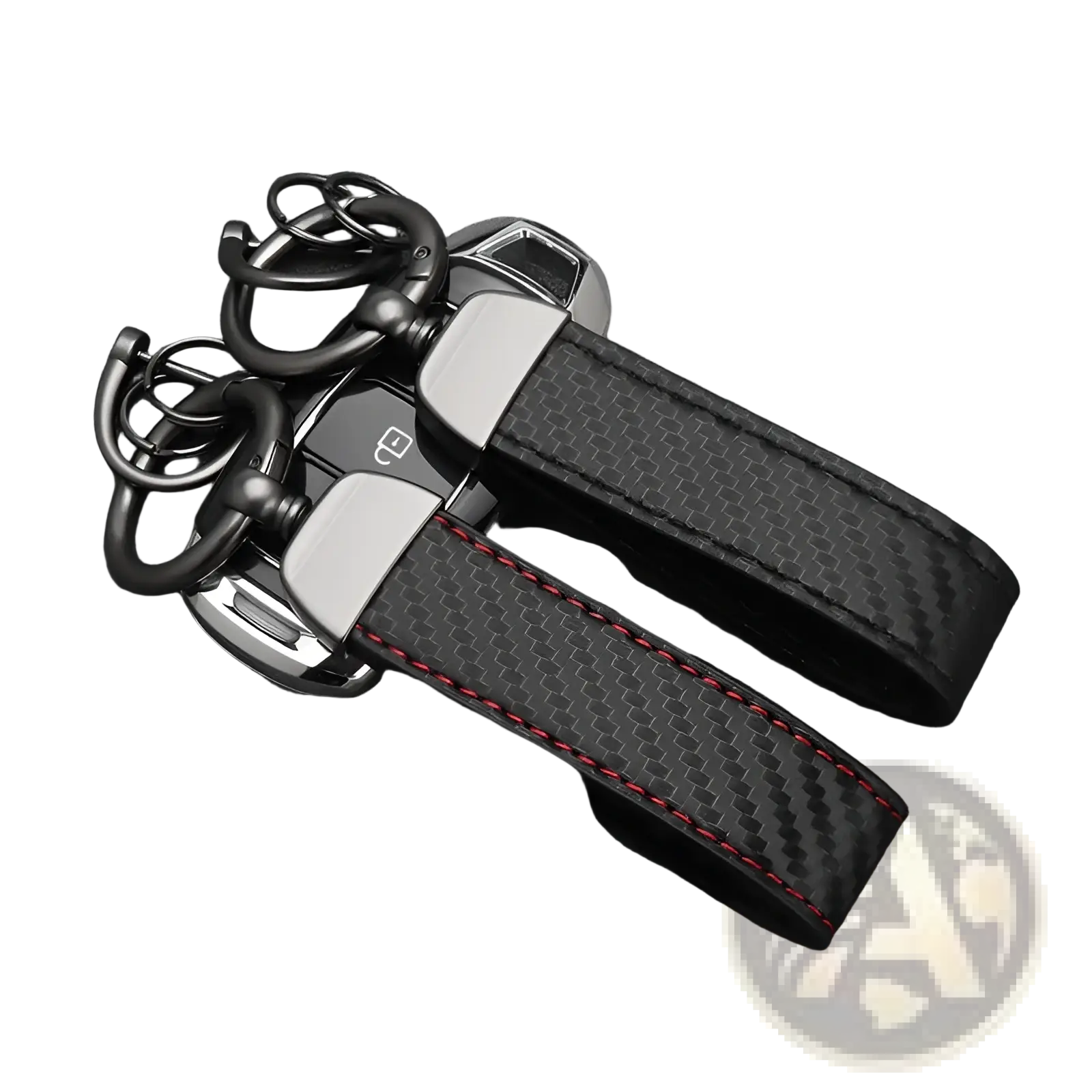 Carbon fiber car keychain with black fiber, red stitching, and silver metal accents for stylish key organization