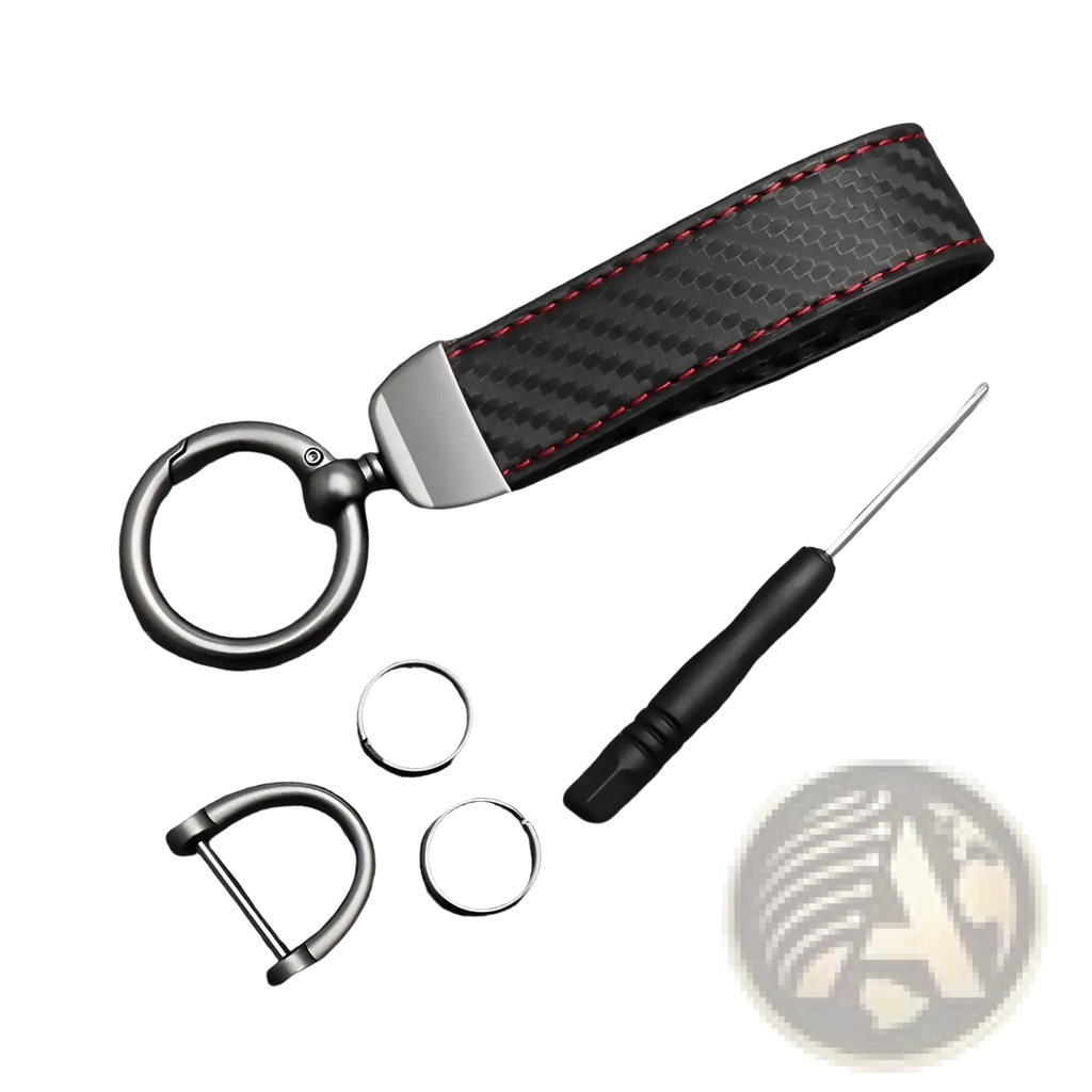 Black carbon fiber car keychain with red stitching and a silver metal ring for durable key organization
