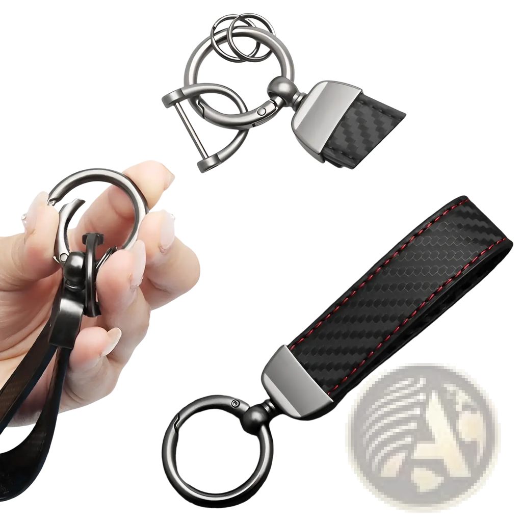 Black carbon fiber car keychain with red stitching and a sleek metallic finish for stylish key organization