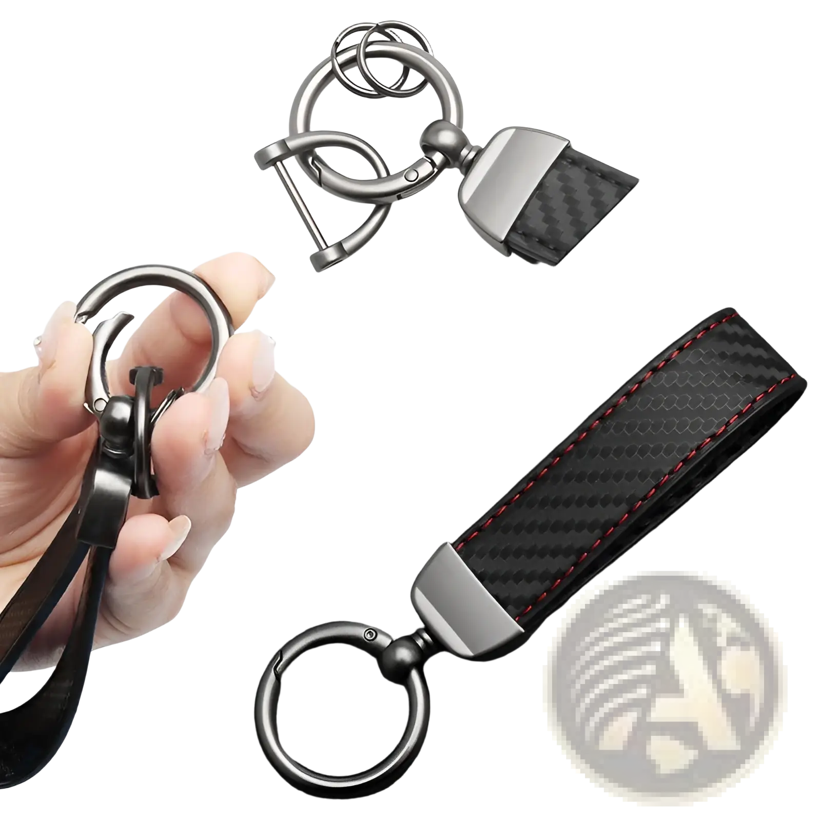 Black carbon fiber car keychain with red stitching and a sleek metallic finish for stylish key organization