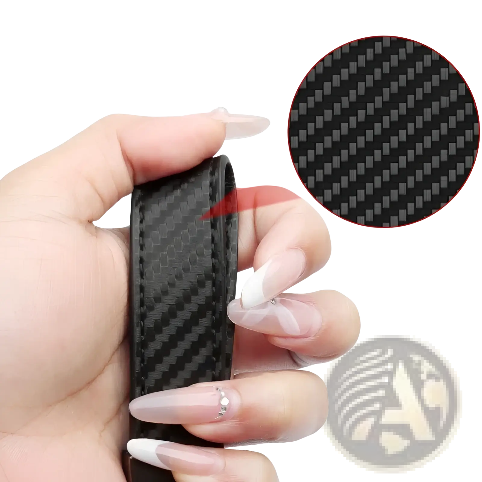 Carbon fiber car keychain with black carbon fiber textured wristband and red stitching for stylish durability