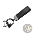 Black carbon fiber car keychain with red stitching and matte metal ring and clasp for vehicle keys