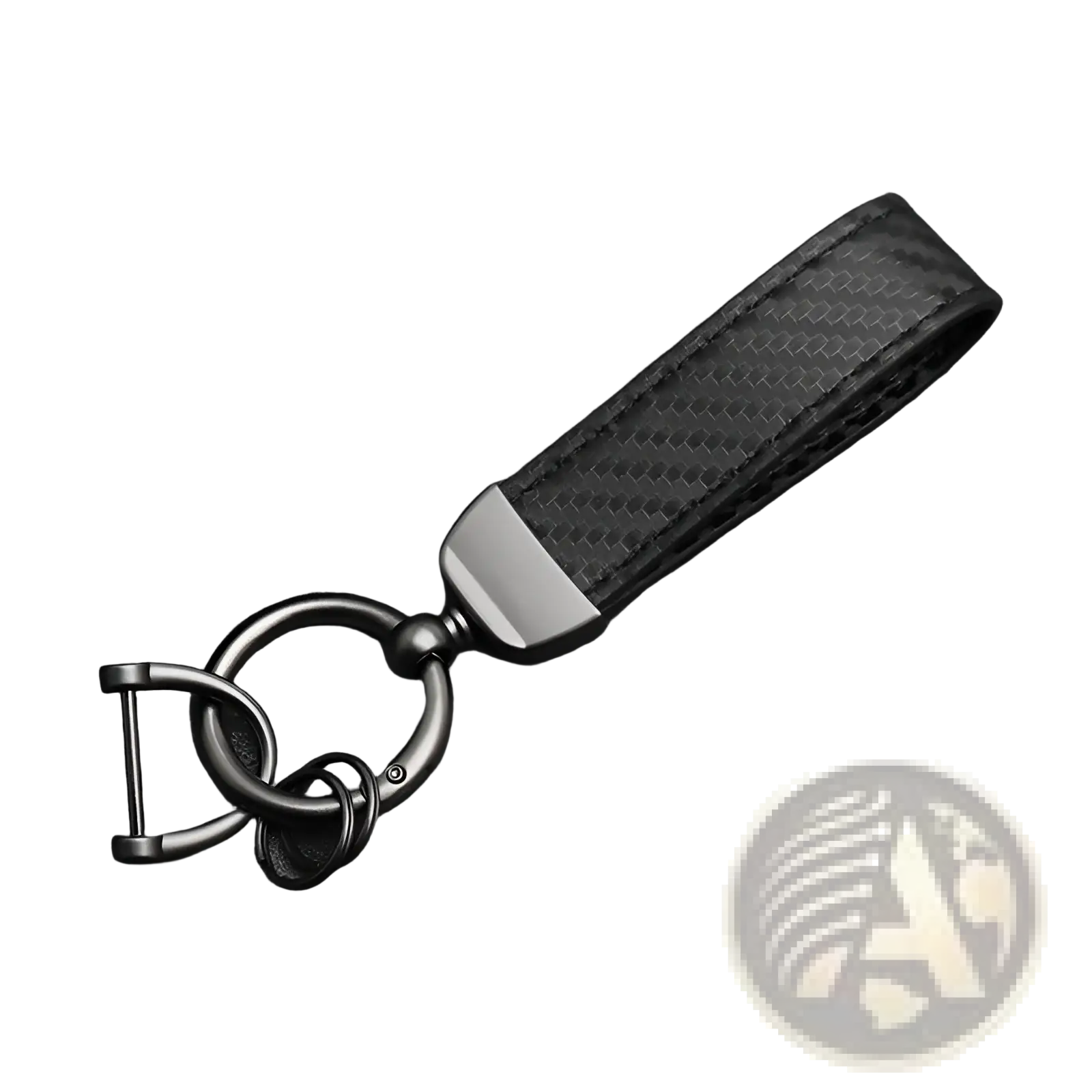 Black carbon fiber car keychain with red stitching and matte metal ring and clasp for vehicle keys