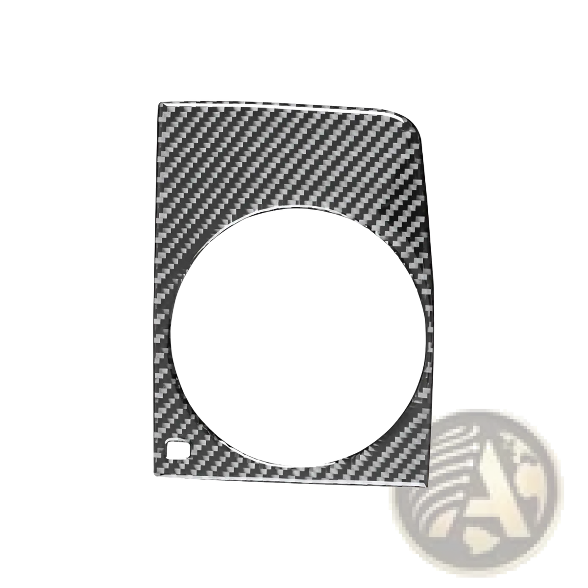 Carbon fiber cup holder trim for audi q7 2007-2015 featuring a carbon fiber textured dashboard speaker cover with circular cutout and slot