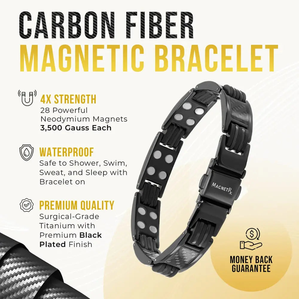 Men’s titanium carbon fiber magnetic therapy bracelet in black with 28 neodymium magnets and titanium clasp