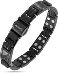 Men’s titanium carbon fiber magnetic therapy bracelet in black with silver-toned circular magnets and carbon fiber accents