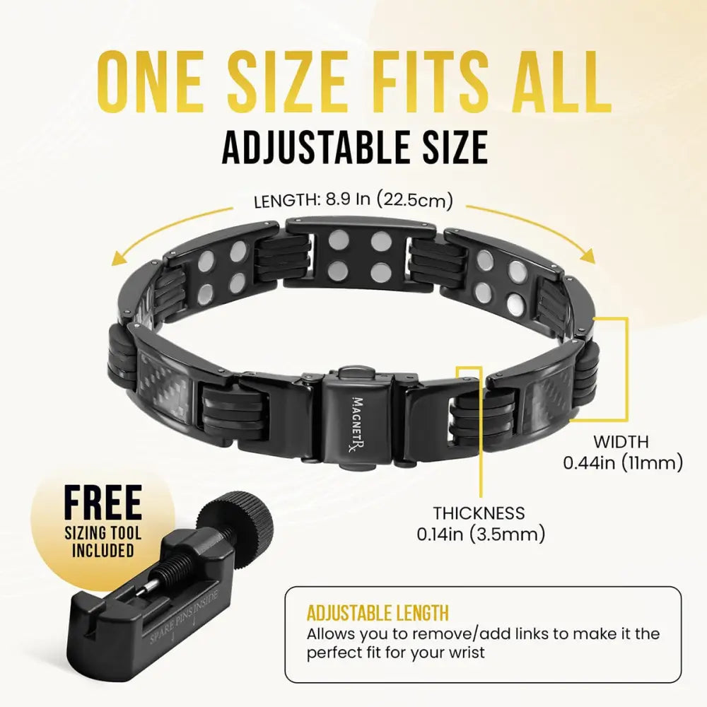 Men’s titanium carbon fiber magnetic therapy bracelet in black with sleek segmented design and silver-toned circular accents