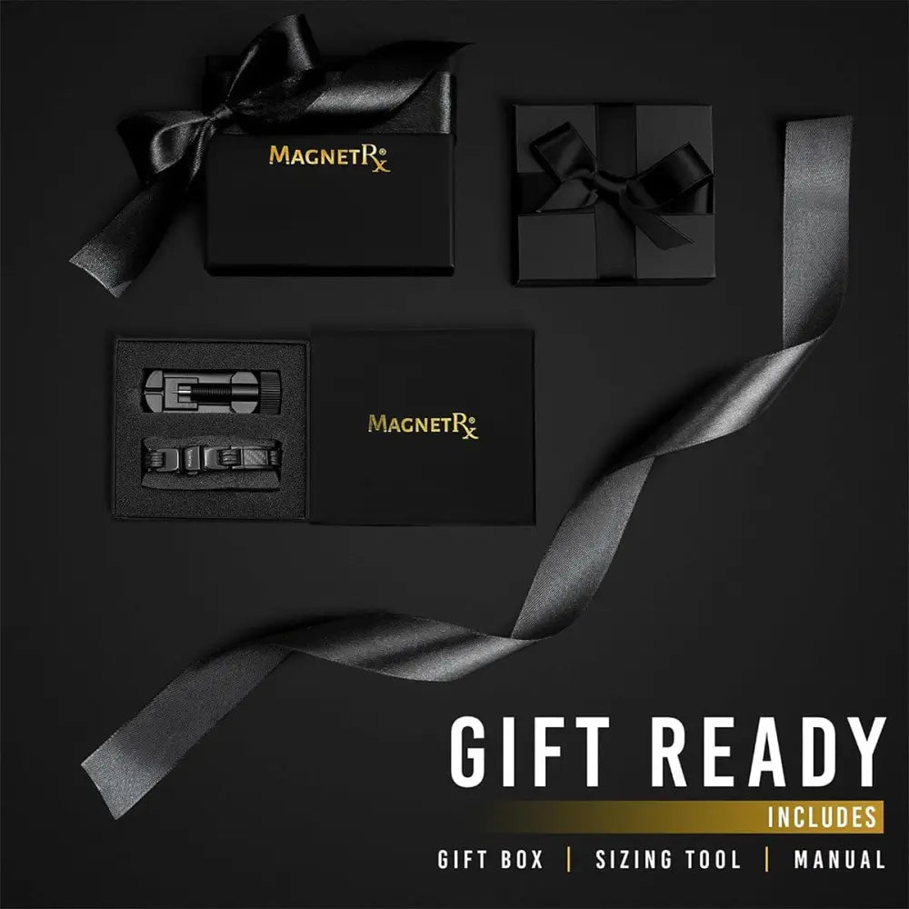 Men’s titanium carbon fiber magnetic therapy bracelet in black with metallic accents displayed in an elegant gift box