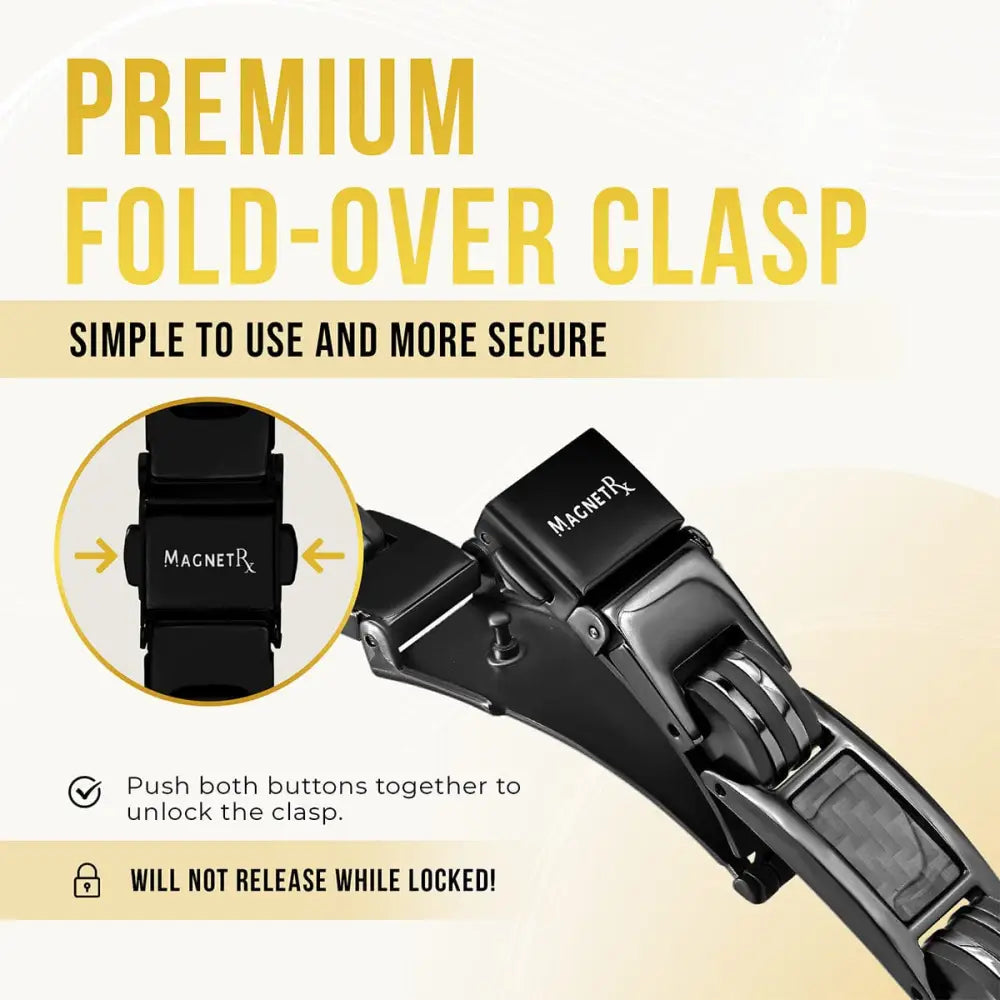 Black magnetrx premium fold-over clasp with sleek secure magnetic design on men’s titanium carbon fiber magnetic therapy bracelet