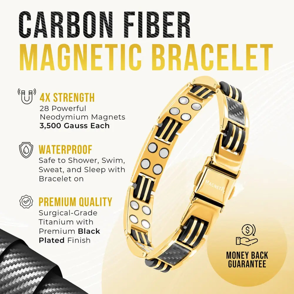 Men’s gold titanium magnetic bracelet with black carbon fiber inlays and circular neodymium magnets in segmented design