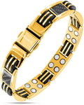 Men’s gold titanium magnetic bracelet with black carbon fiber inlays and silver circular magnets shown from front view