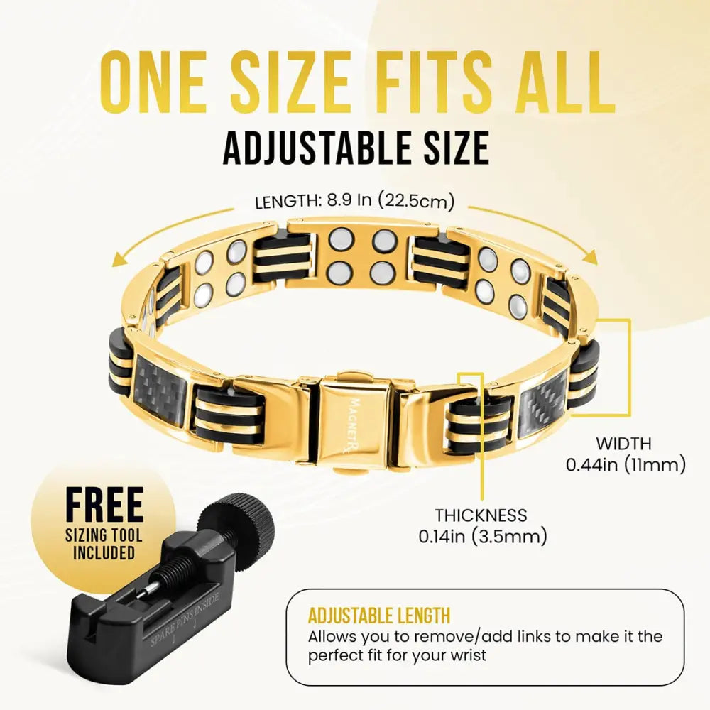 Men’s gold titanium magnetic bracelet with black carbon fiber inlays and silver accents featuring adjustable clasp