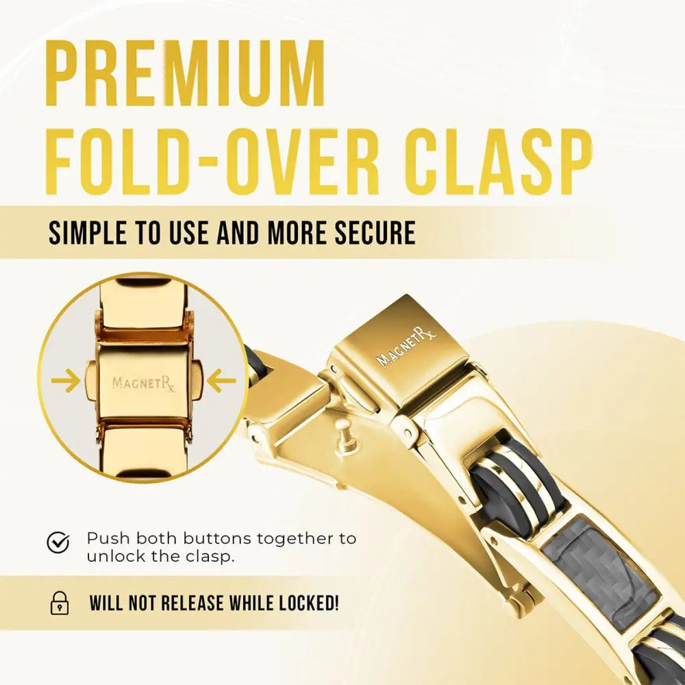 Men’s gold titanium magnetic bracelet clasp with fold-over design and black rubberized accents visible on back side