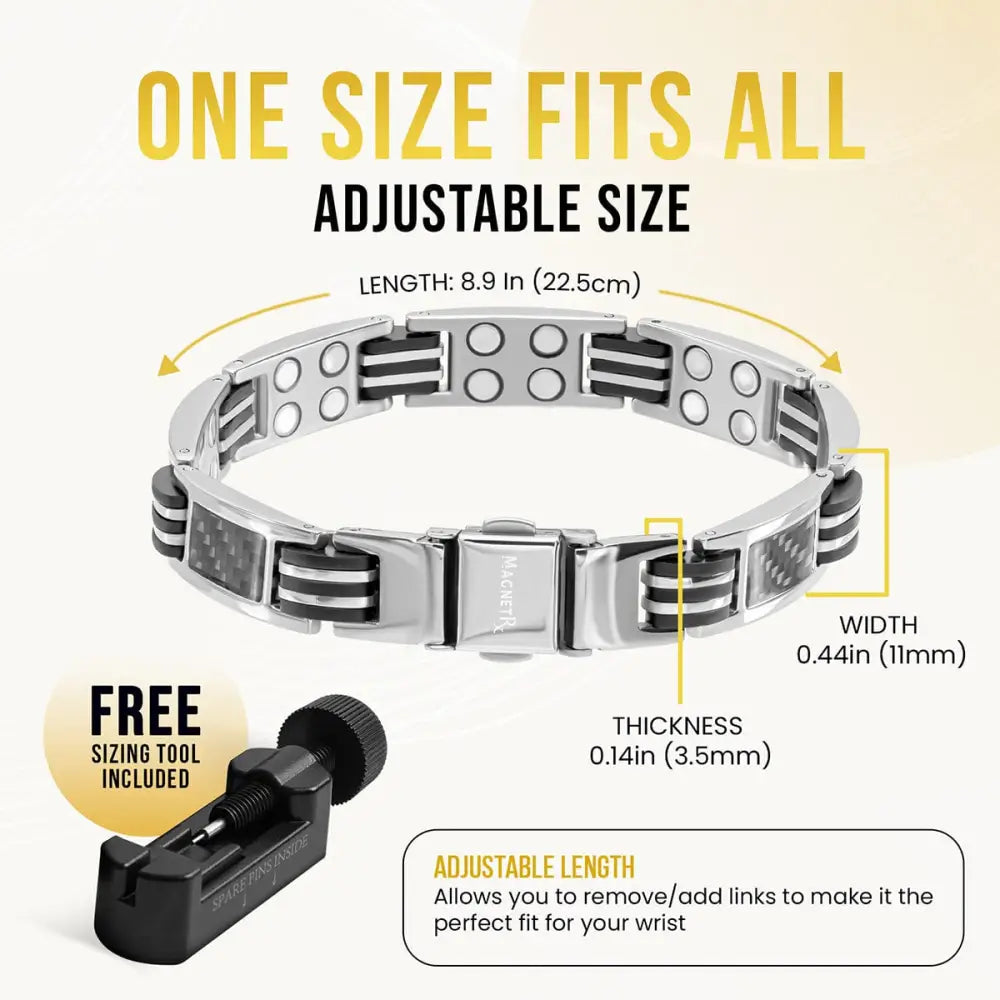 Silver carbon fiber titanium magnetic bracelet for men with sleek black segmented design and carbon fiber accents