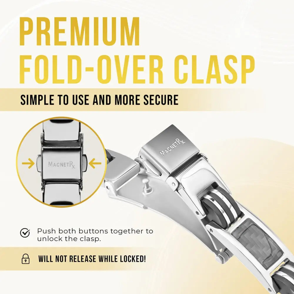 Silver carbon fiber titanium magnetic bracelet for men with a silver-toned magnetrx premium fold-over clasp secure design